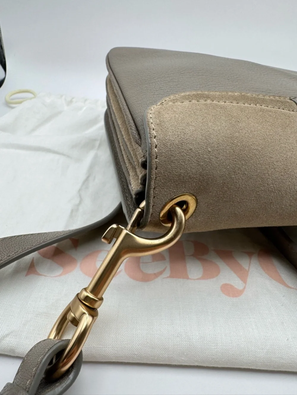 See By Chloé Hana Large Leather Suede Crossbody Bag Motty Grey Gold Hardware